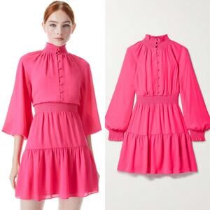 Alice + Olivia Lavania Blouson Sleeve Mini Dress in Wild Pink Smocked Waist US 8